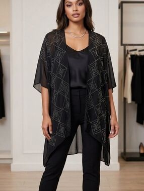 JESSICA MCCLINTOCK😄 Sheer Kimono with Silver Studs in Box Pattern⭐💖🌺